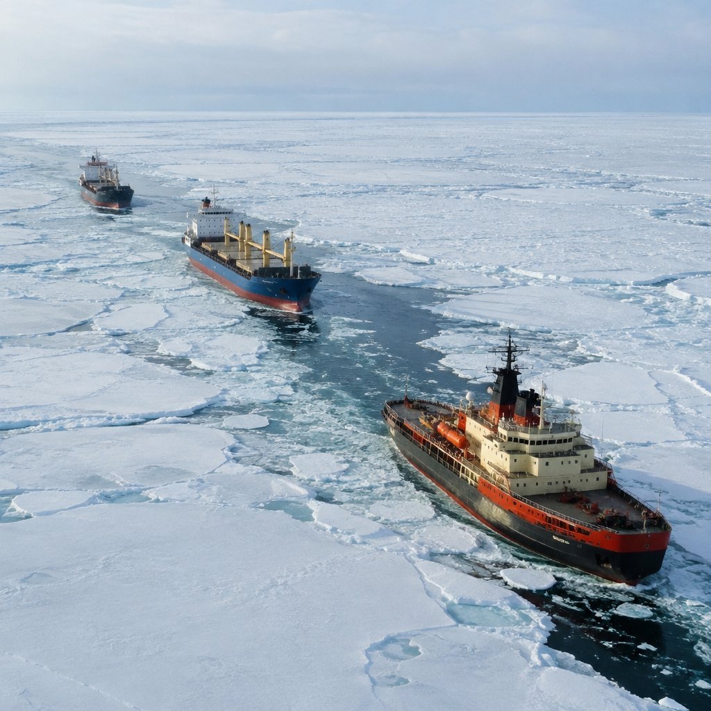 Icebreaker escorting merchant ships through Arctic ice