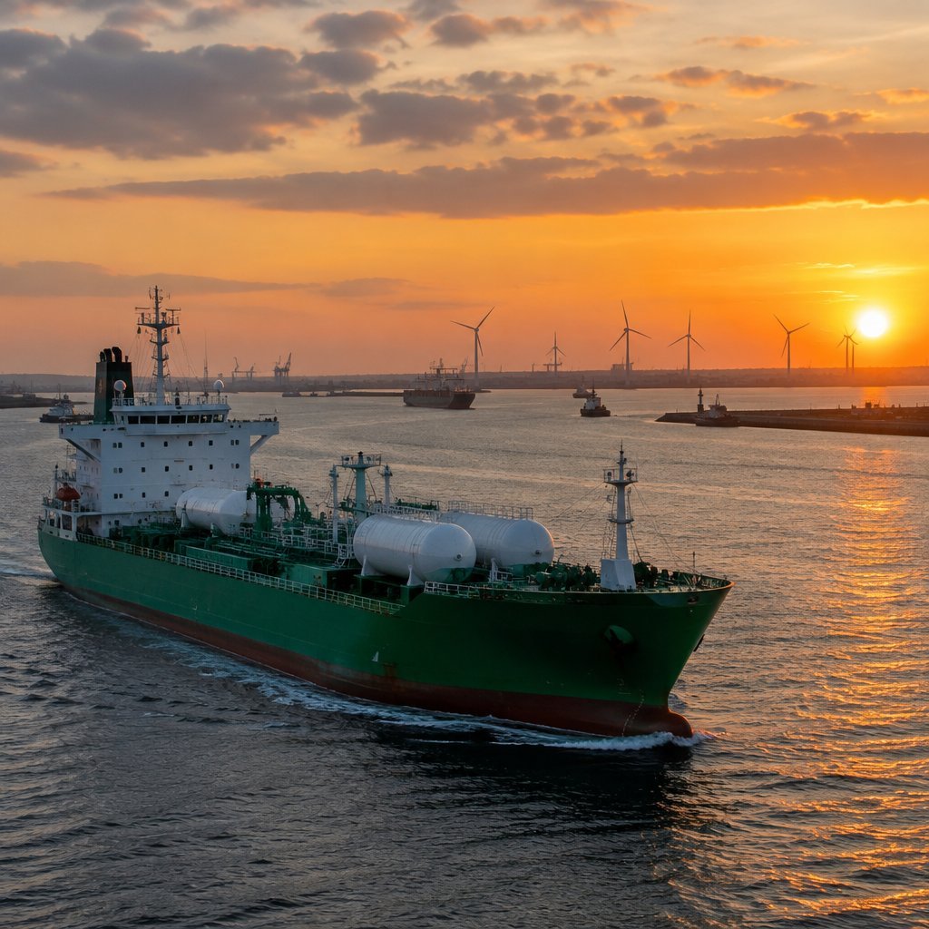 Bunker tanker and wind turbines at a port entrance