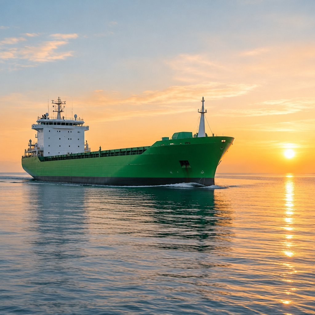 Green-hulled cargo ship at sunrise