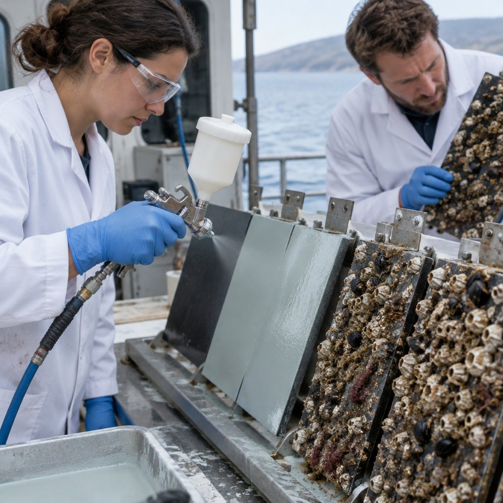 Technicians testing antifouling coatings on sample panels