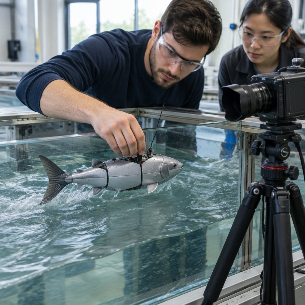 Engineers testing a fish-inspired robot in a flow tank