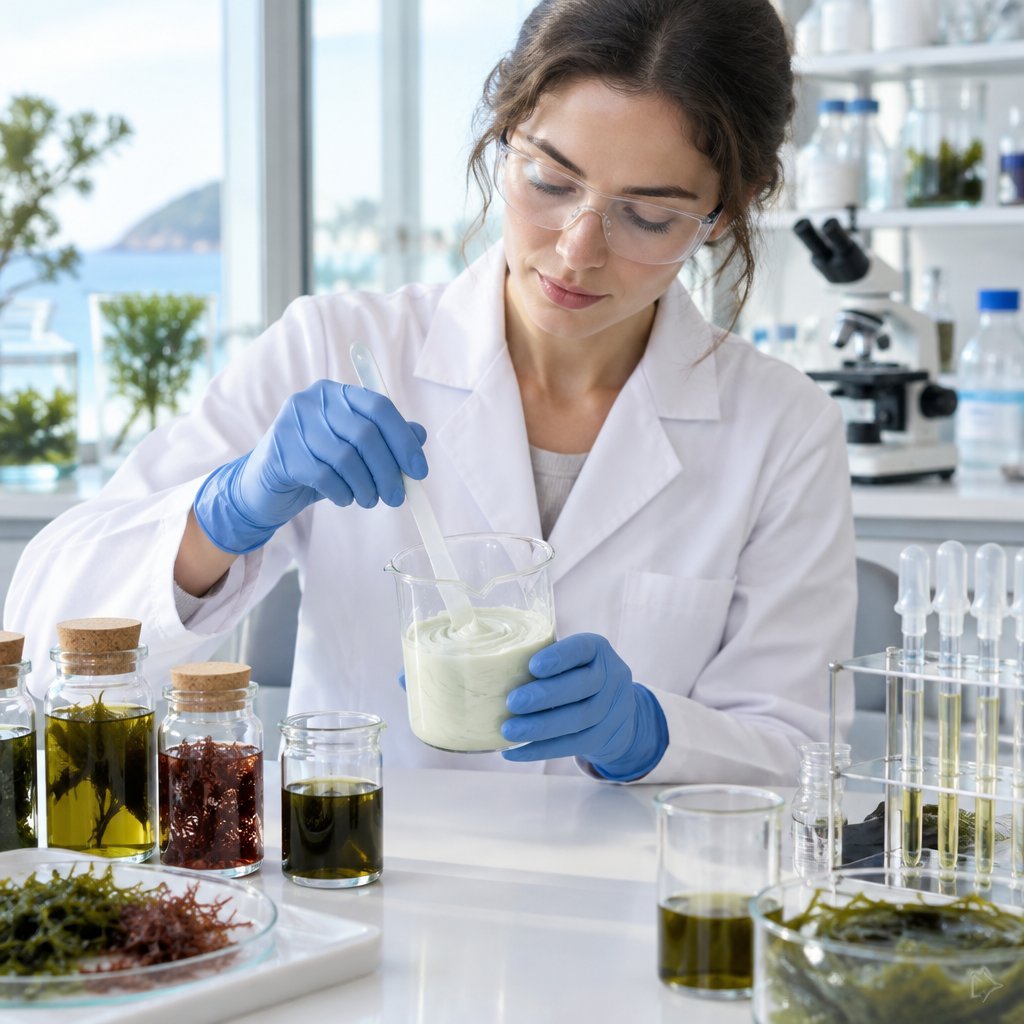 Cosmetic chemist formulating marine skincare