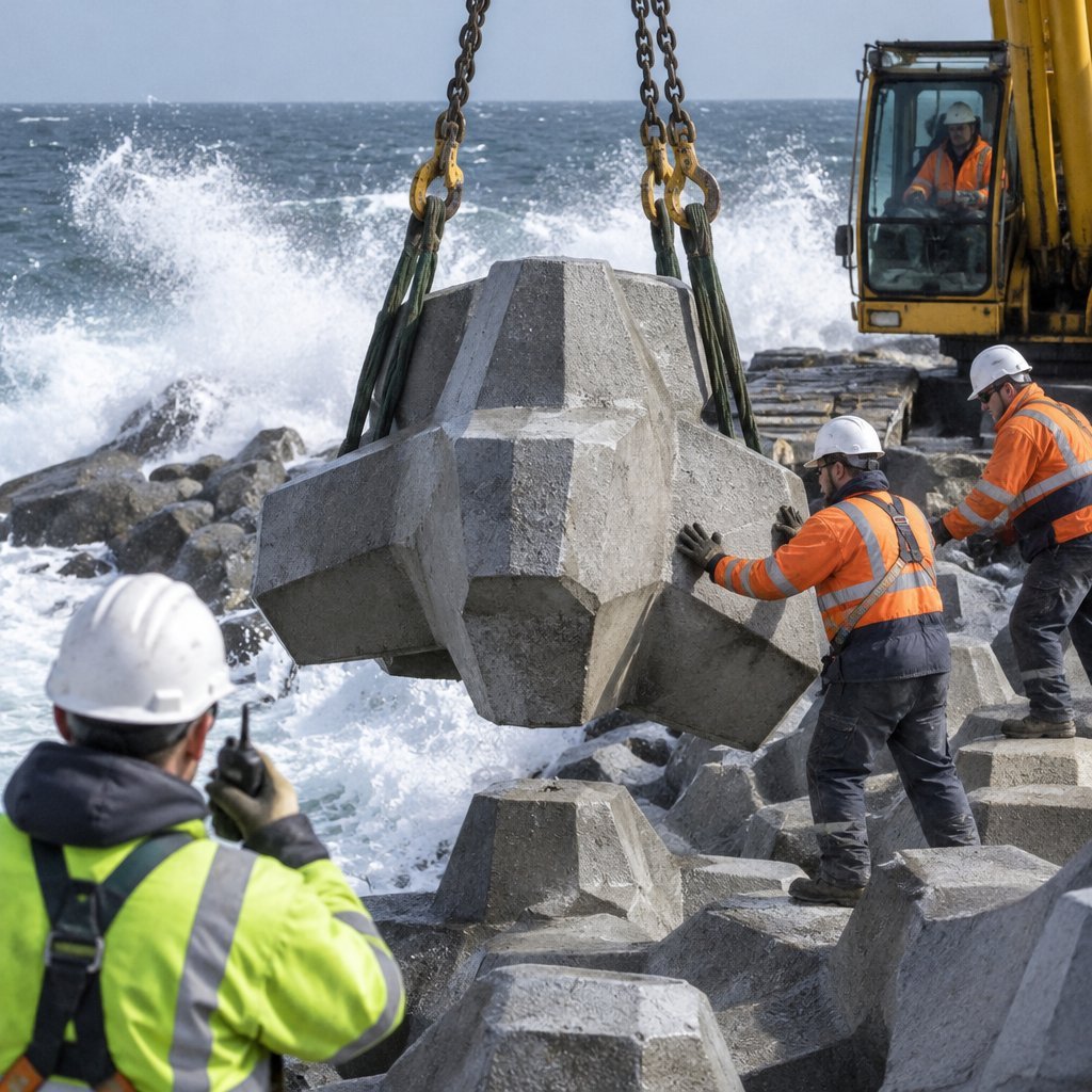 Engineers placing a concrete armour unit on a breakwater