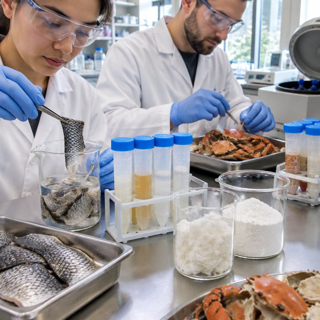Biochemists extracting chitin and collagen from marine by-products