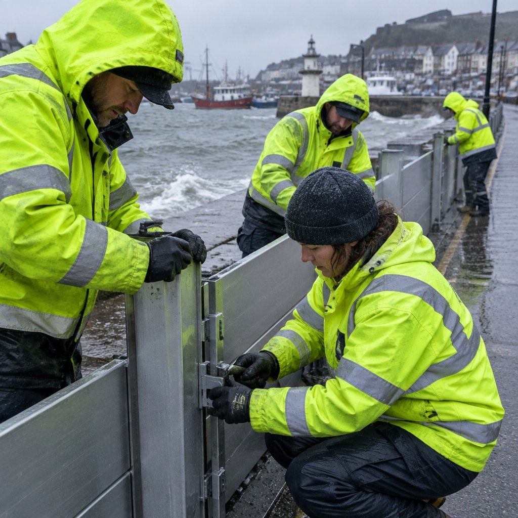 Flood team installing temporary barriers along a harbour road
