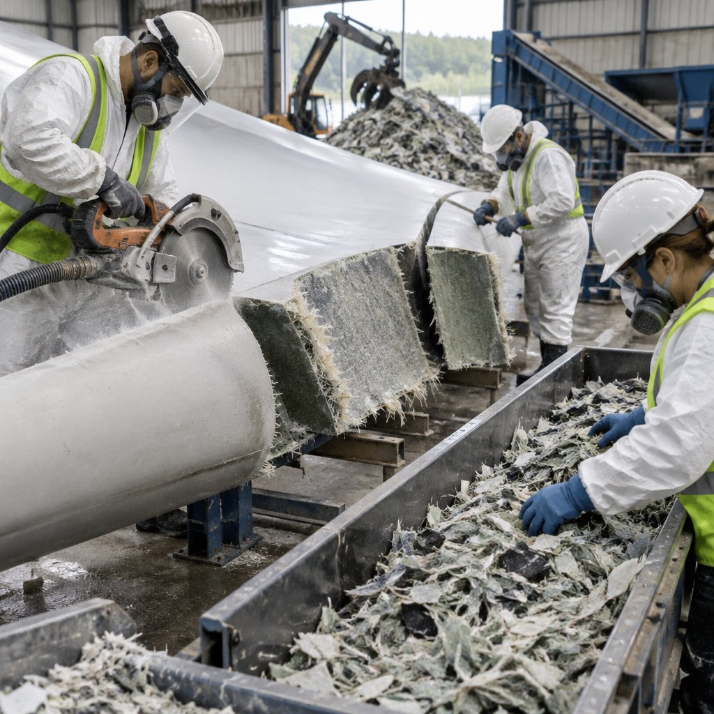 Workers recycling a wind turbine blade in a composites facility