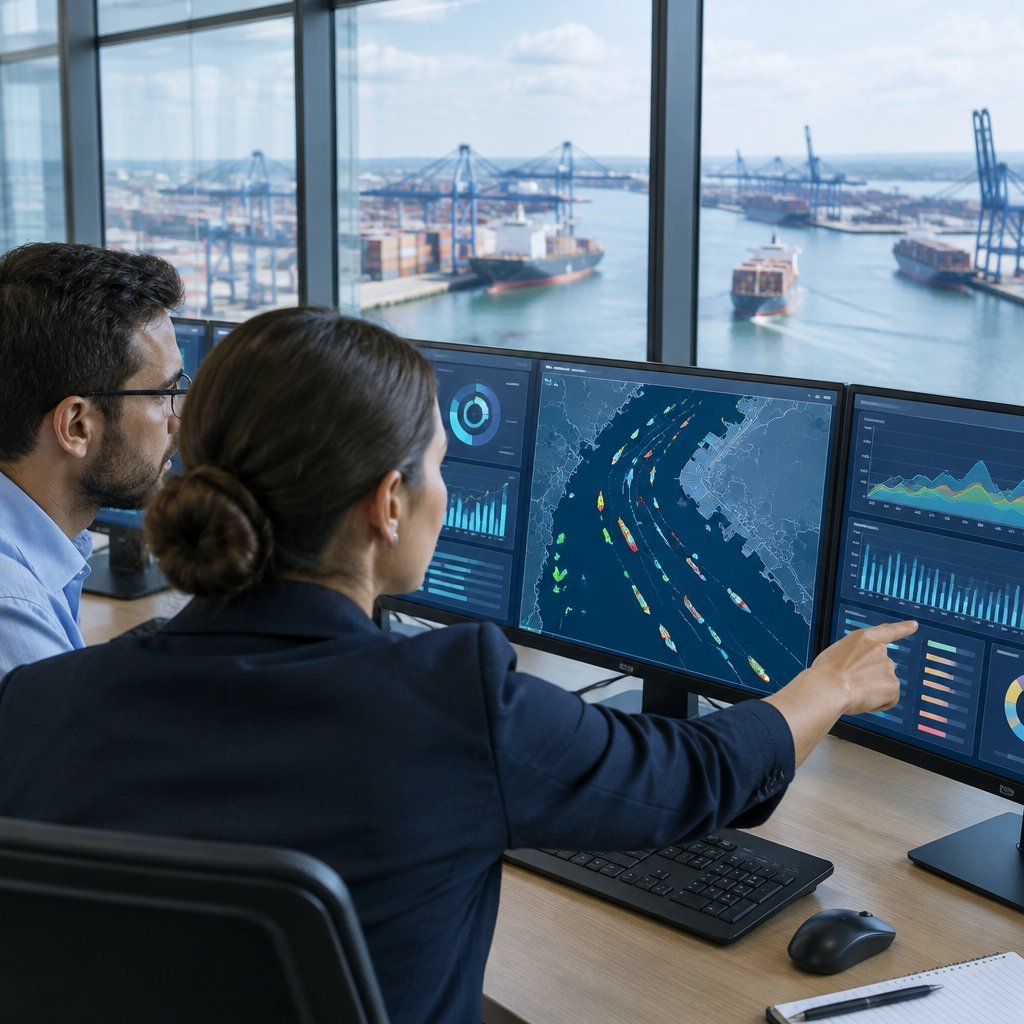 Port analysts studying shipping data overlooking a container terminal
