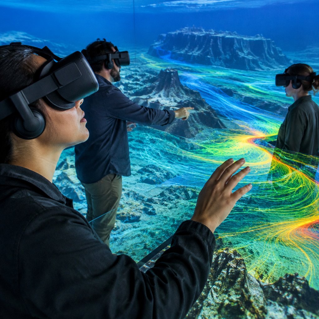 Engineers exploring a digital twin of the ocean in virtual reality