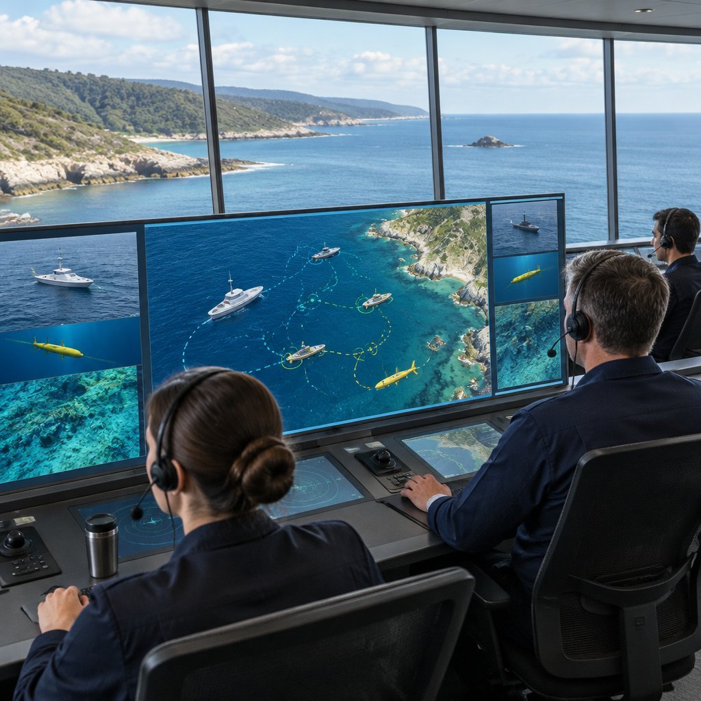 Operators supervising a fleet of marine drones from a control room