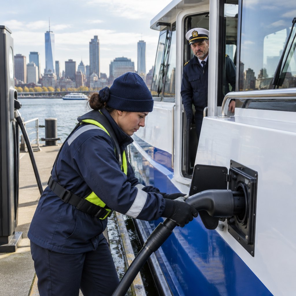 Crew charging an electric passenger ferry at a city pier
