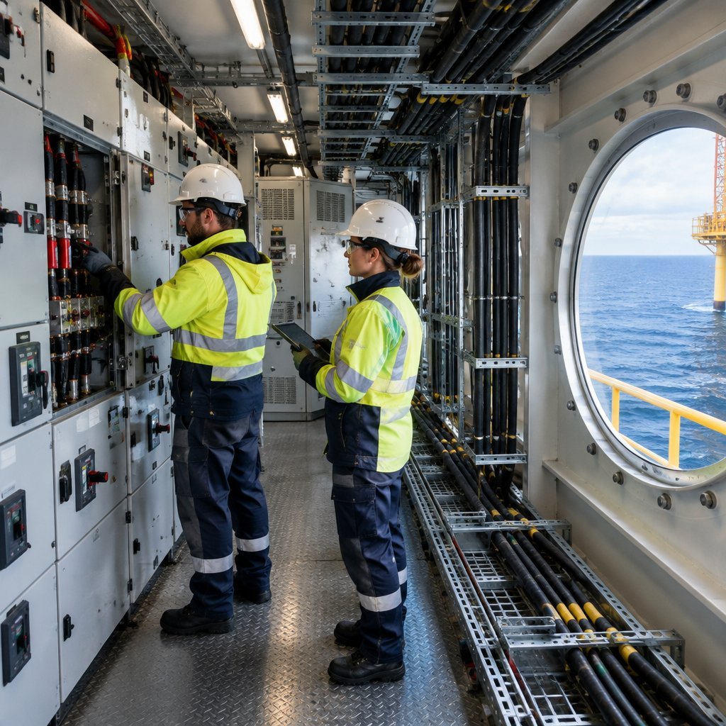 Engineers inspecting an offshore substation
