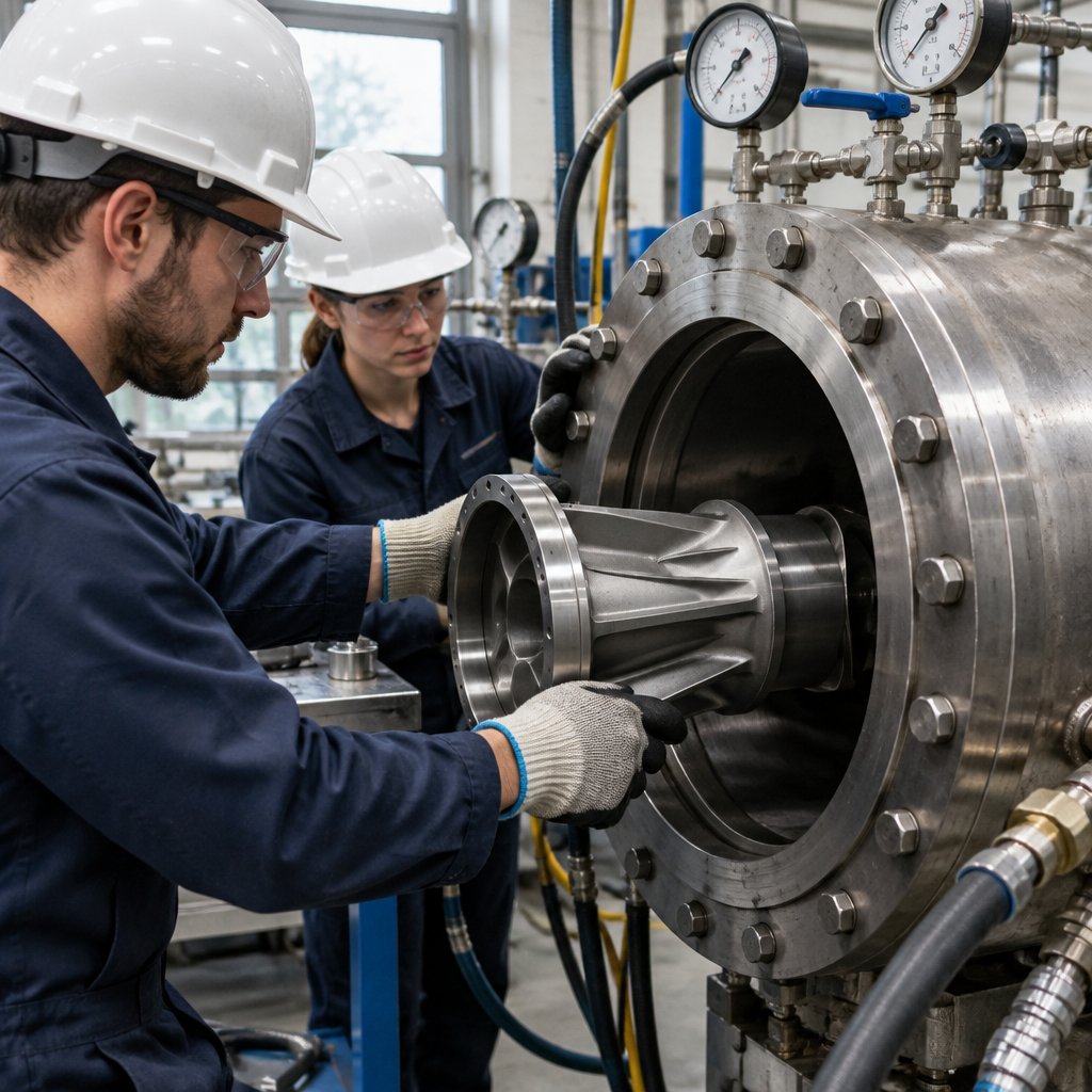 Engineers preparing a pressure test for deep-sea materials
