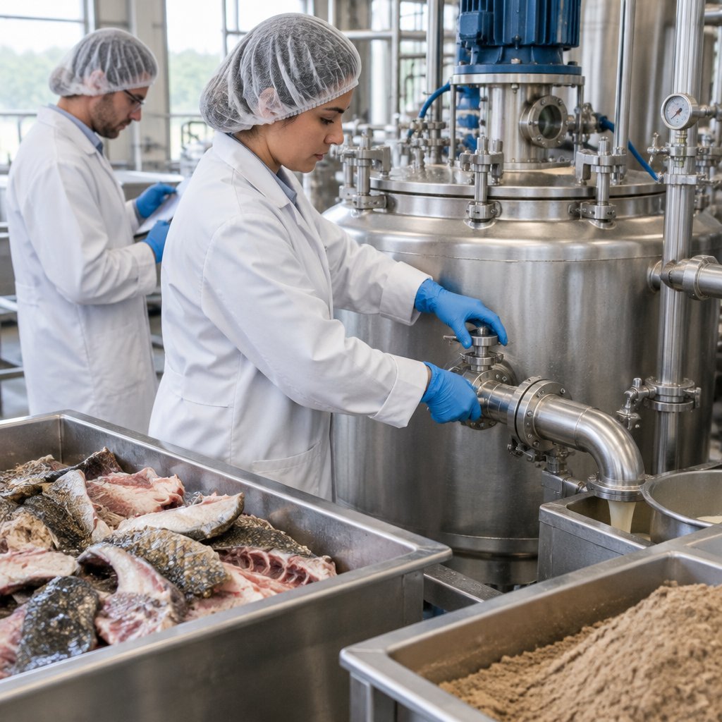 Technicians processing fishery by-products in a pilot plant