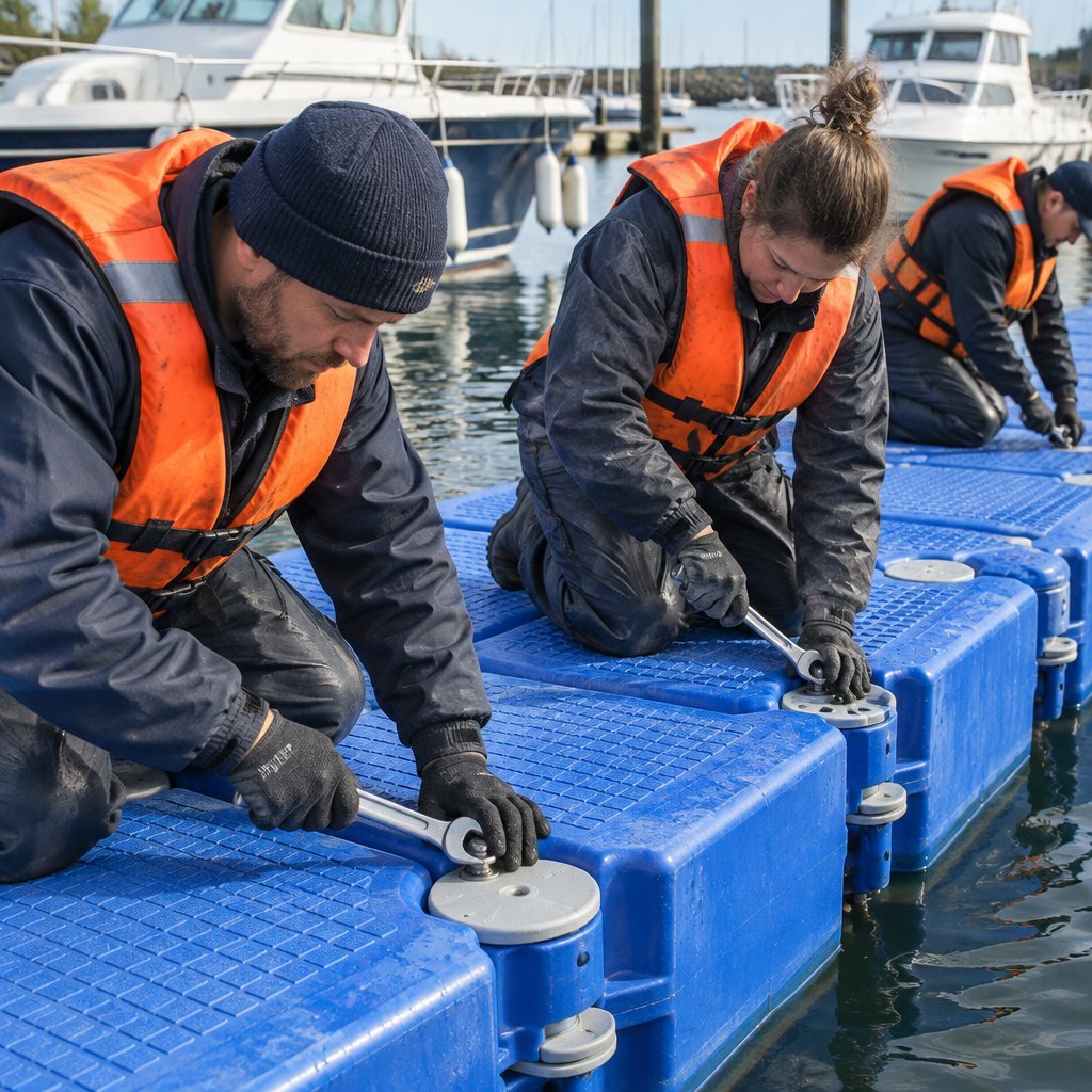 Marine workers assembling a modular floating pontoon