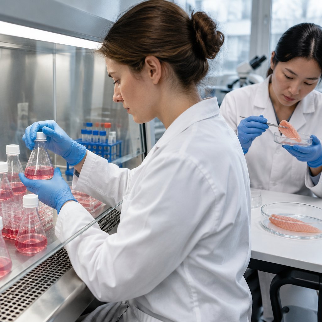 Cell biologist working on cultivated seafood in a sterile lab