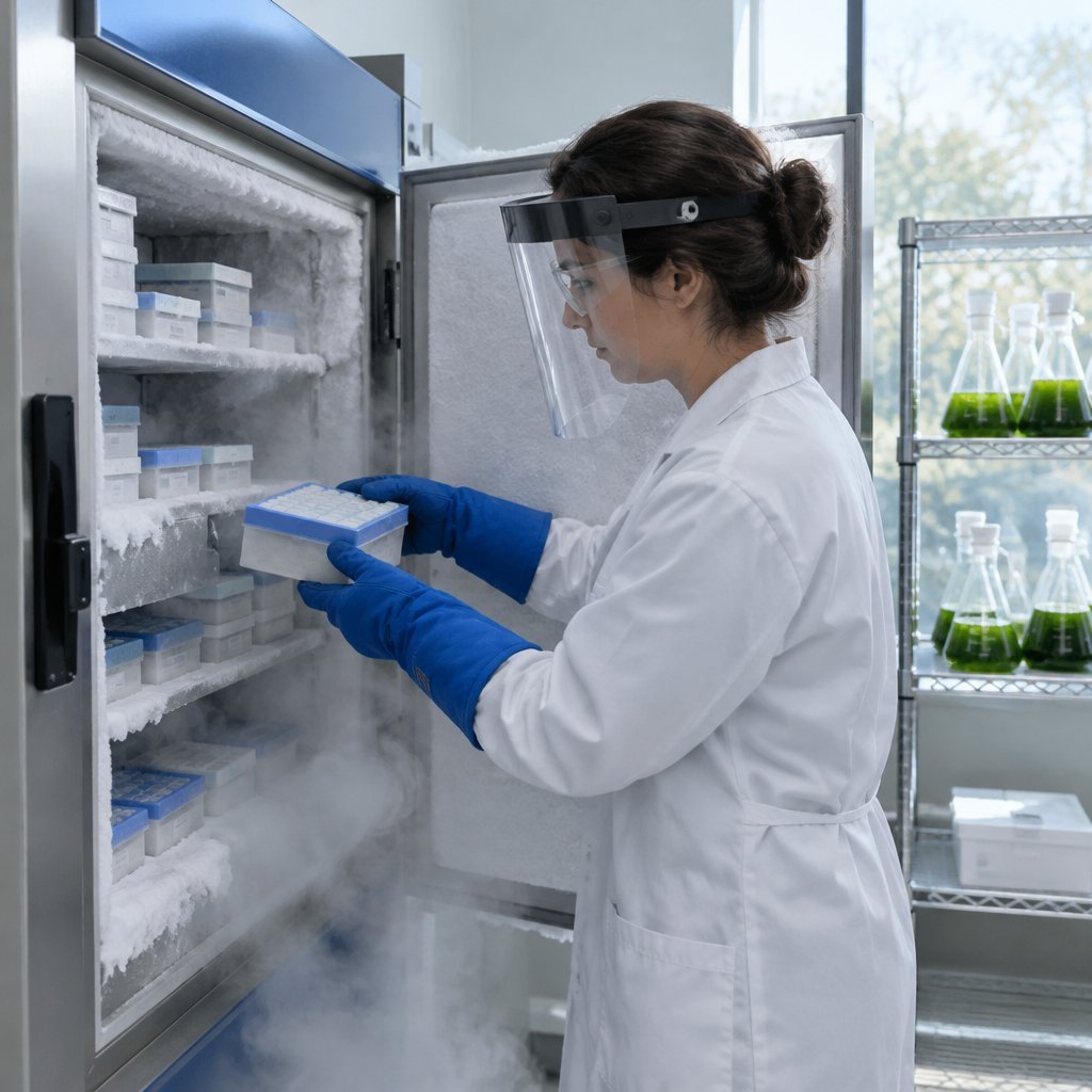 Technician handling samples from a cryogenic biobank