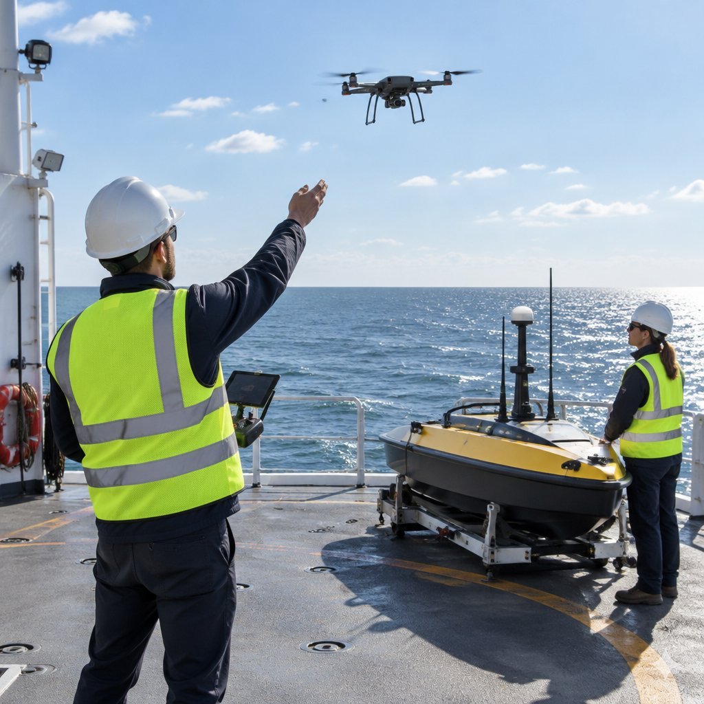 Pilot launching an aerial drone from a ship's deck