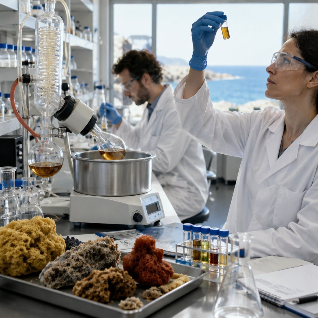 Pharmaceutical scientists extracting compounds from sponges