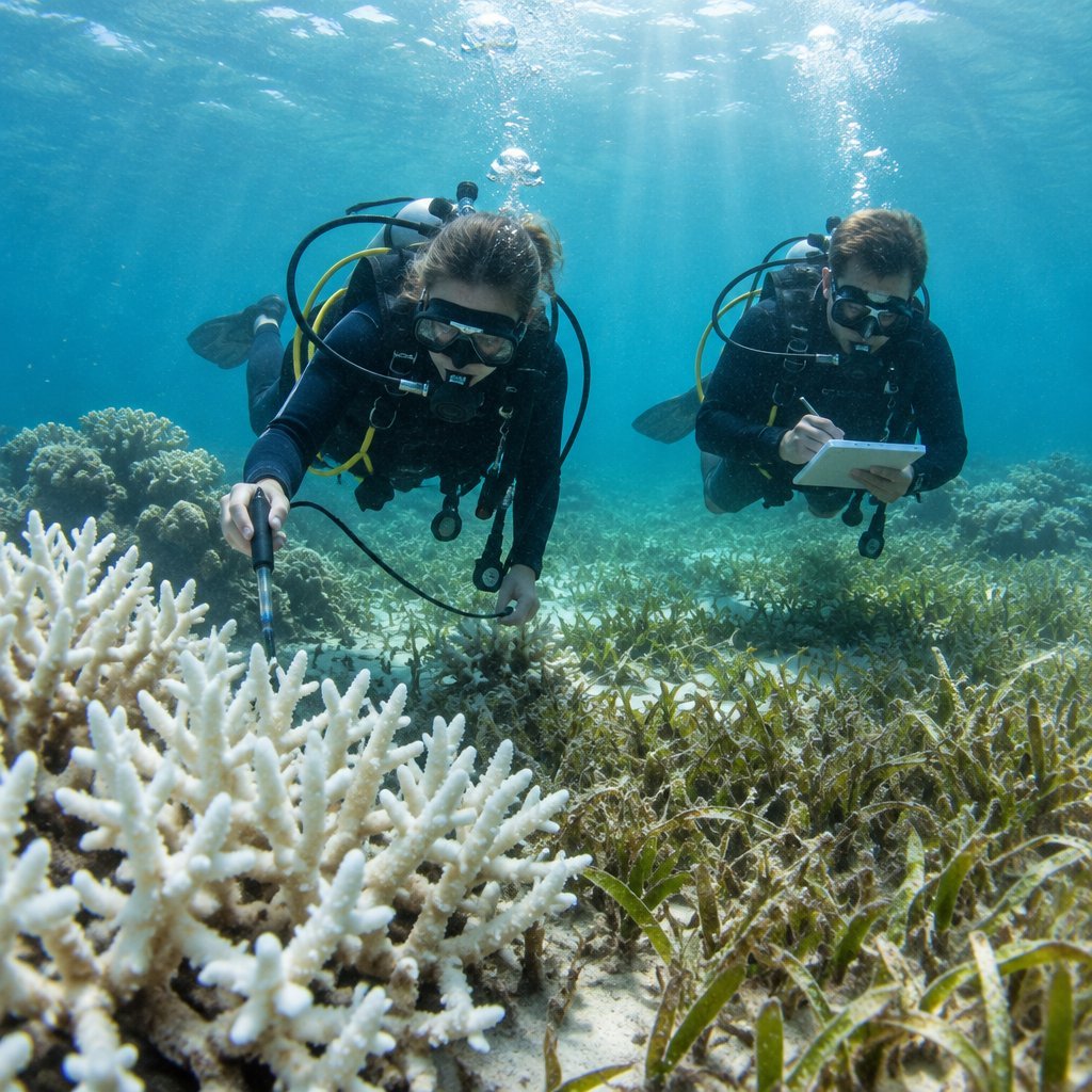 Divers measuring water temperature over stressed seagrass