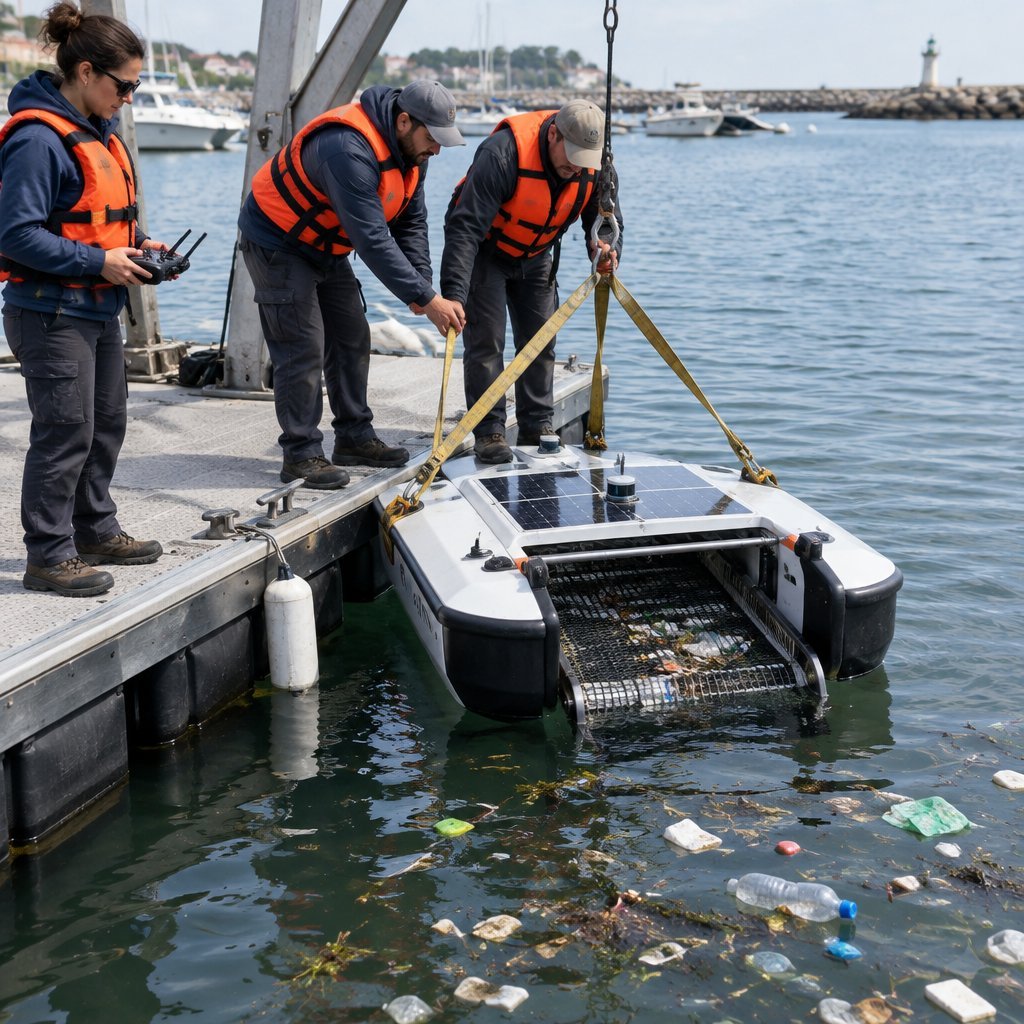Technicians launching a litter collection robot in a harbour