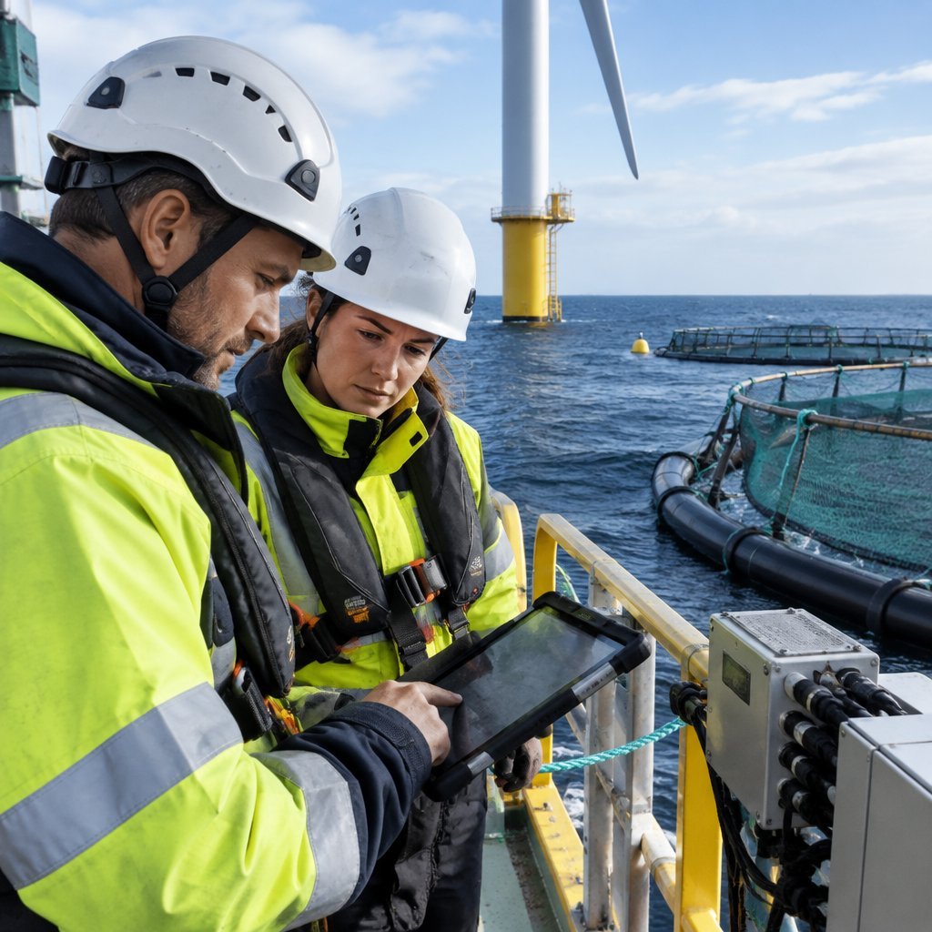 Technicians working on a multi-use offshore platform