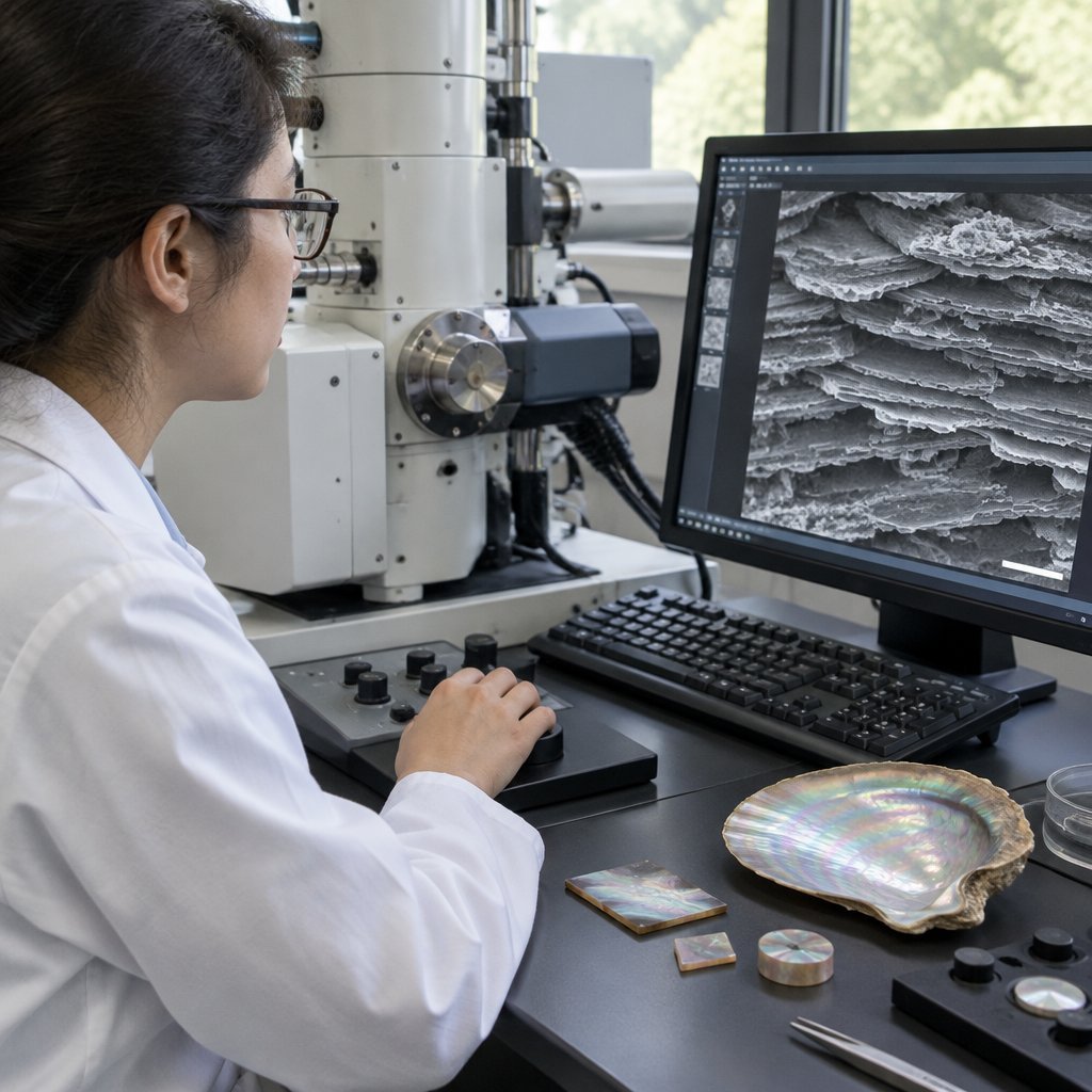 Researcher studying the layered structure of nacre
