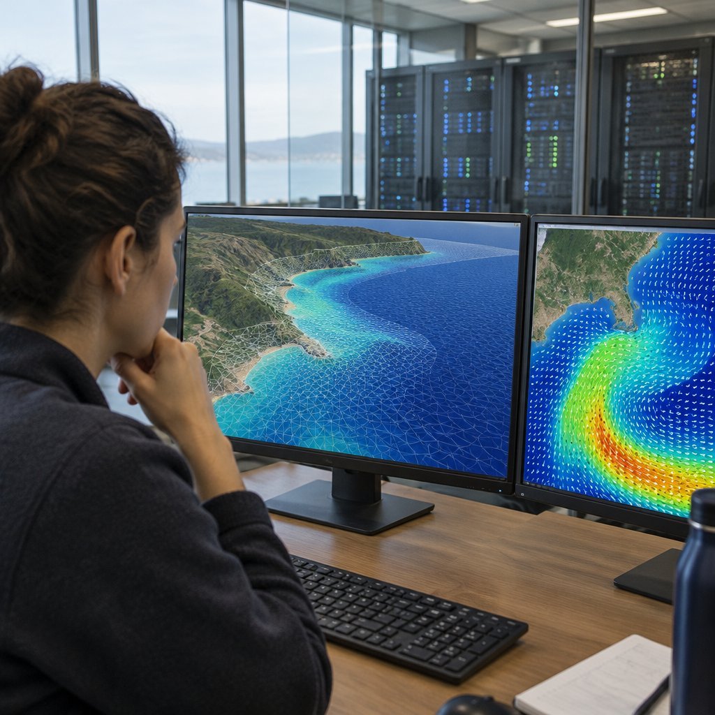 Ocean modeller working on a numerical model of coastal currents