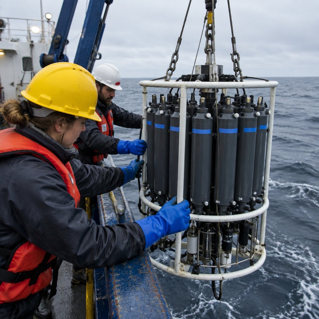 Oceanographers deploying a CTD rosette from a research vessel
