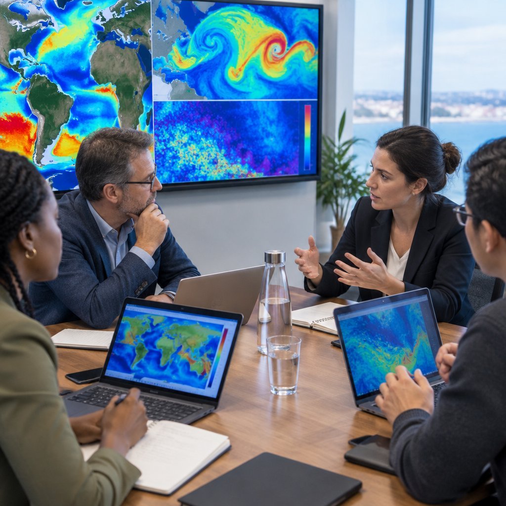 Policy advisers discussing ocean data governance around a meeting table