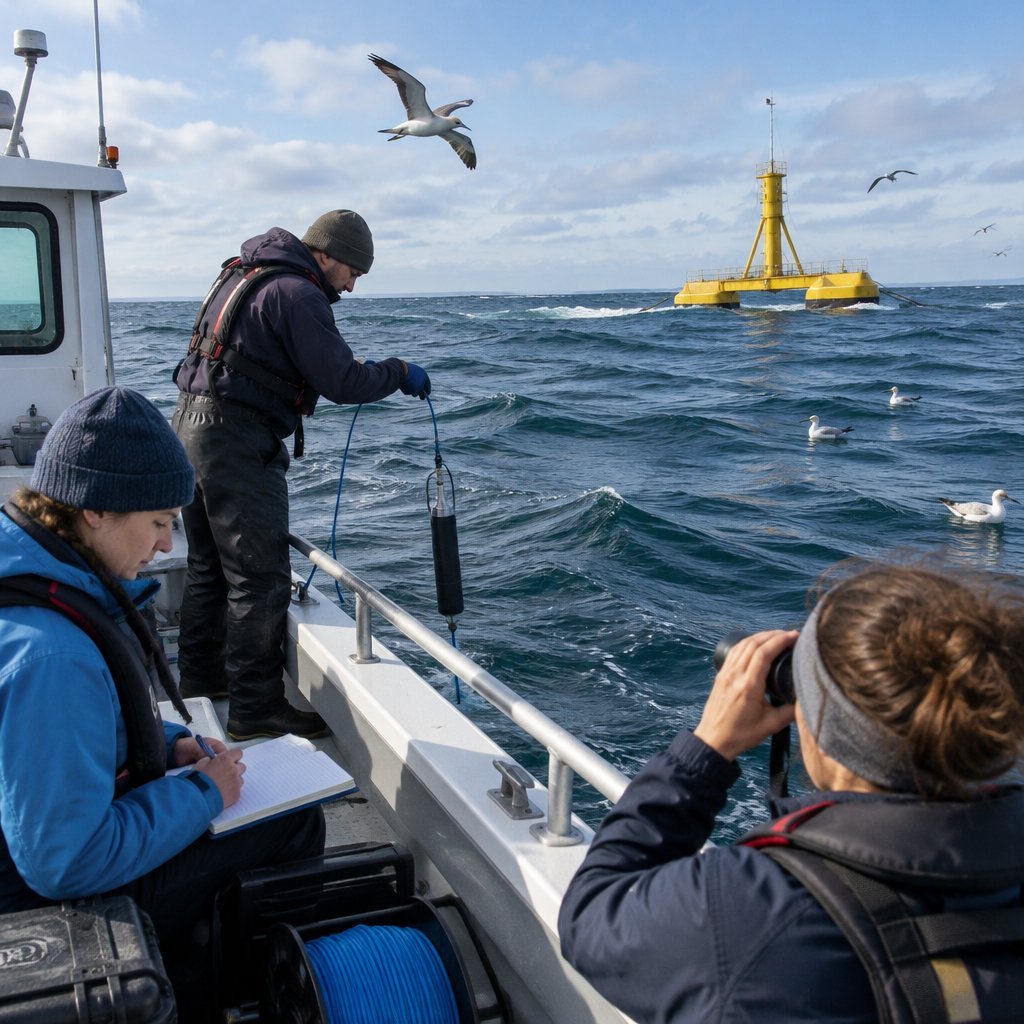 Ecologists monitoring wildlife near a wave energy device
