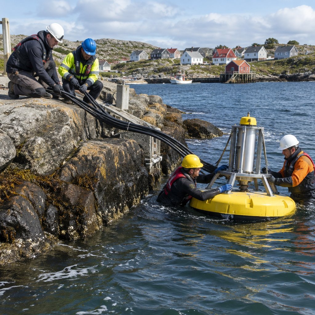 Engineers installing a small wave energy system on an island