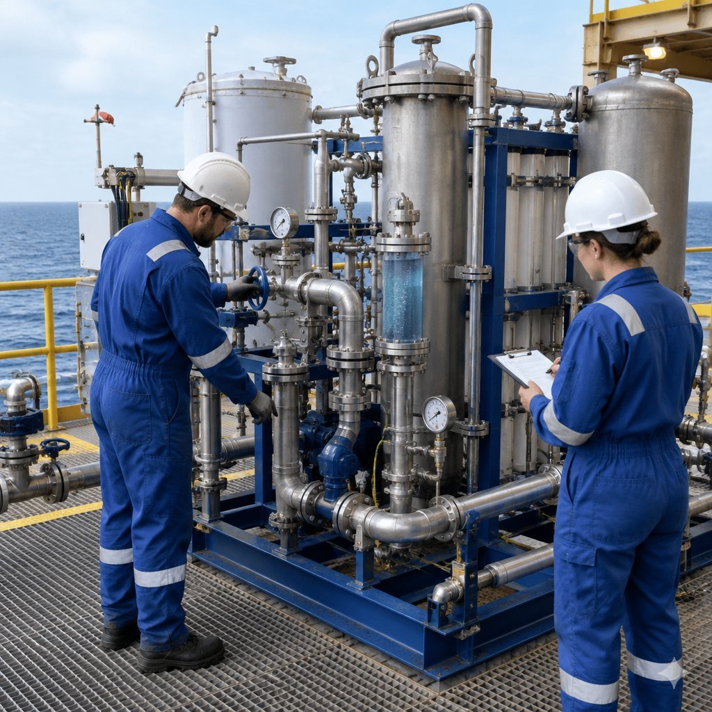 Engineers testing a marine carbon removal pilot unit