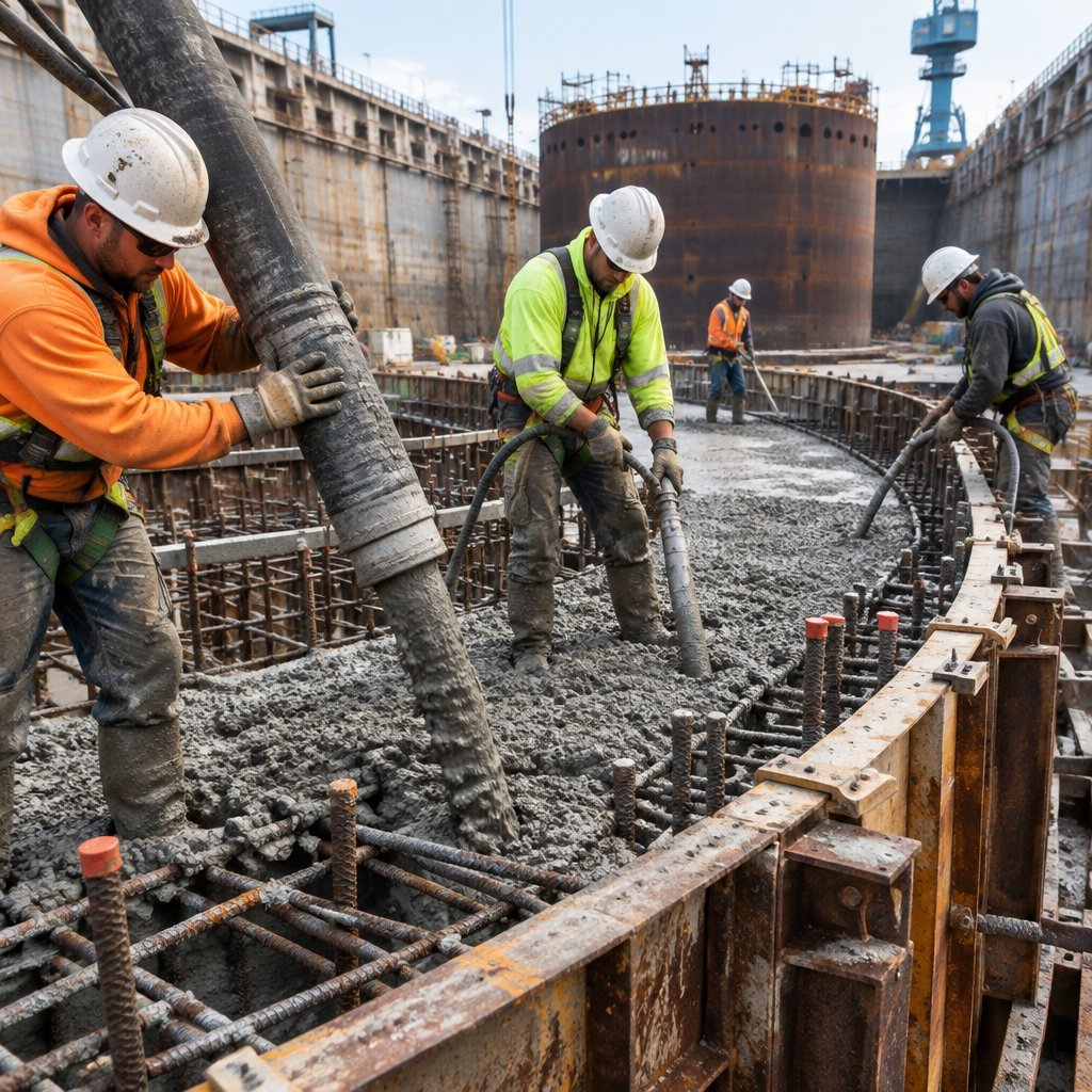 Construction crew pouring concrete for an offshore caisson