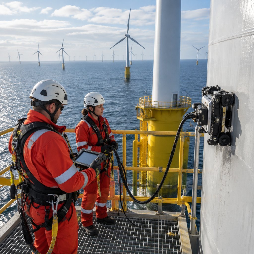 Technicians operating an inspection robot on a wind turbine