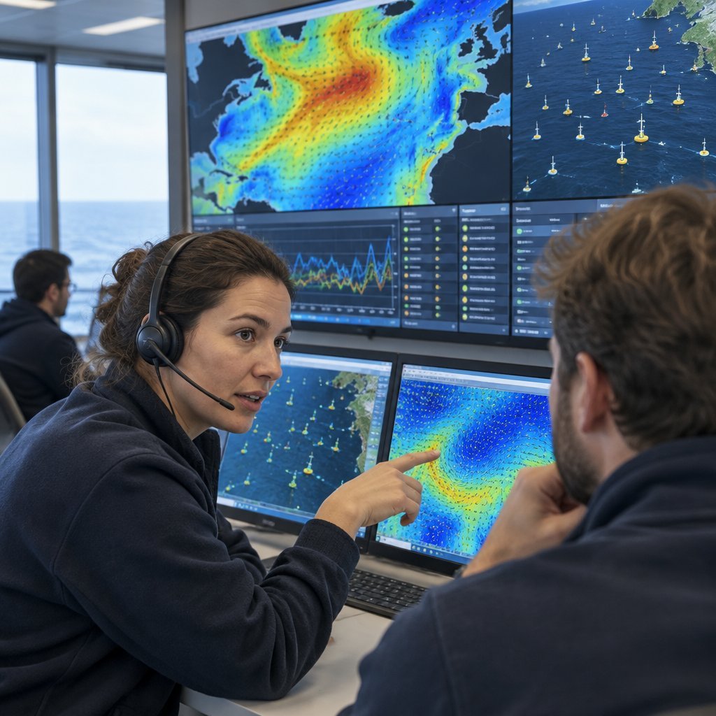 Operational oceanographers working in an ocean services control room