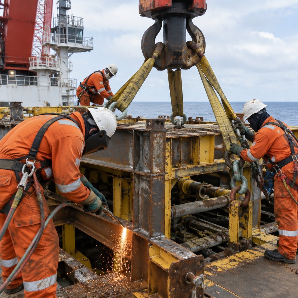 Offshore workers rigging a platform module for decommissioning