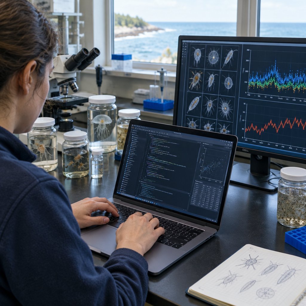 Marine scientist programming data analysis in a laboratory