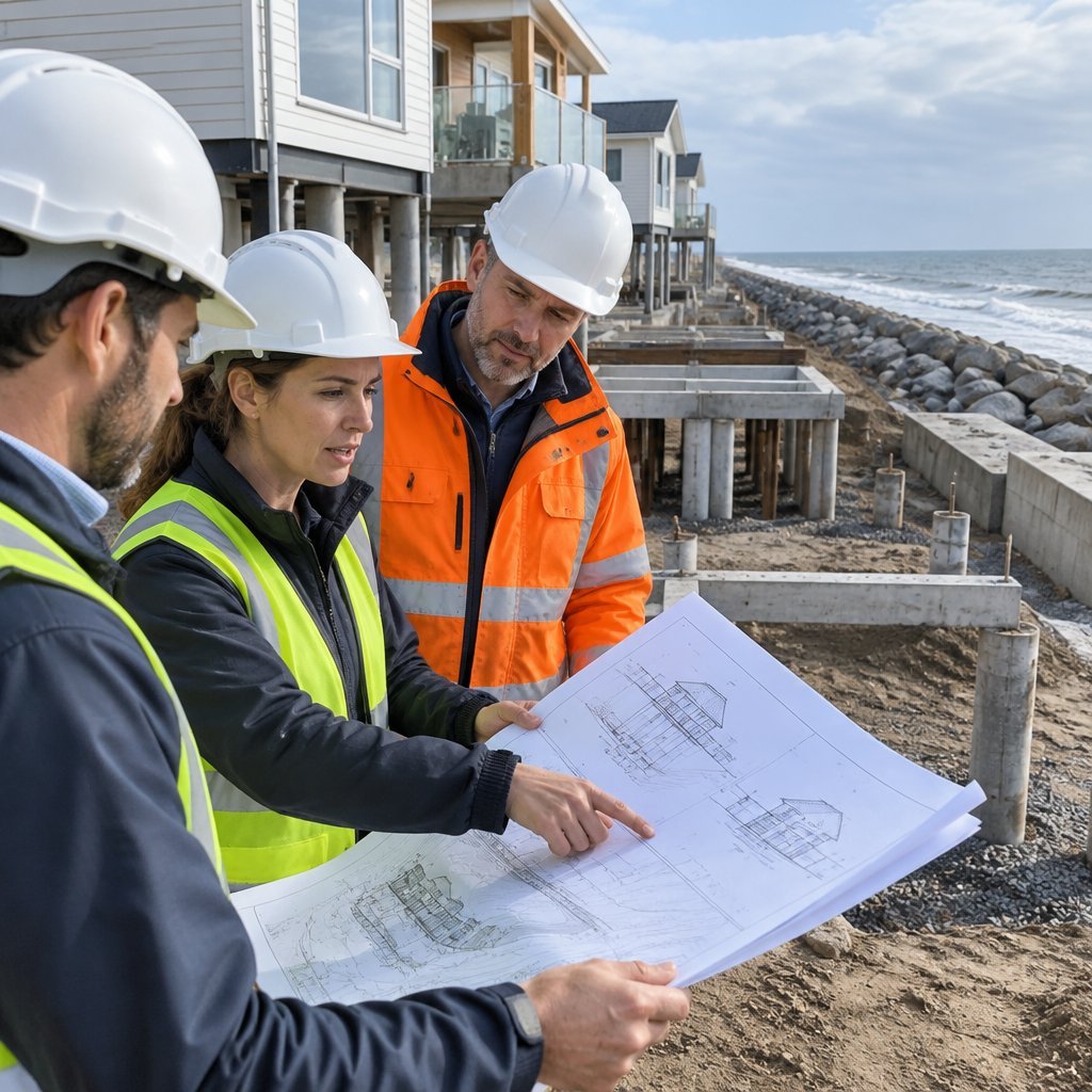 Architects inspecting flood-resilient seafront housing