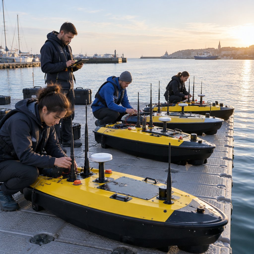 Engineers preparing several small marine robots