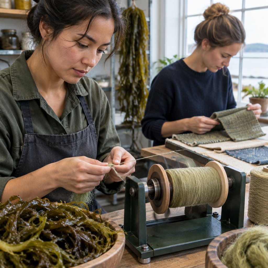 Textile technician spinning seaweed-based fibre into yarn
