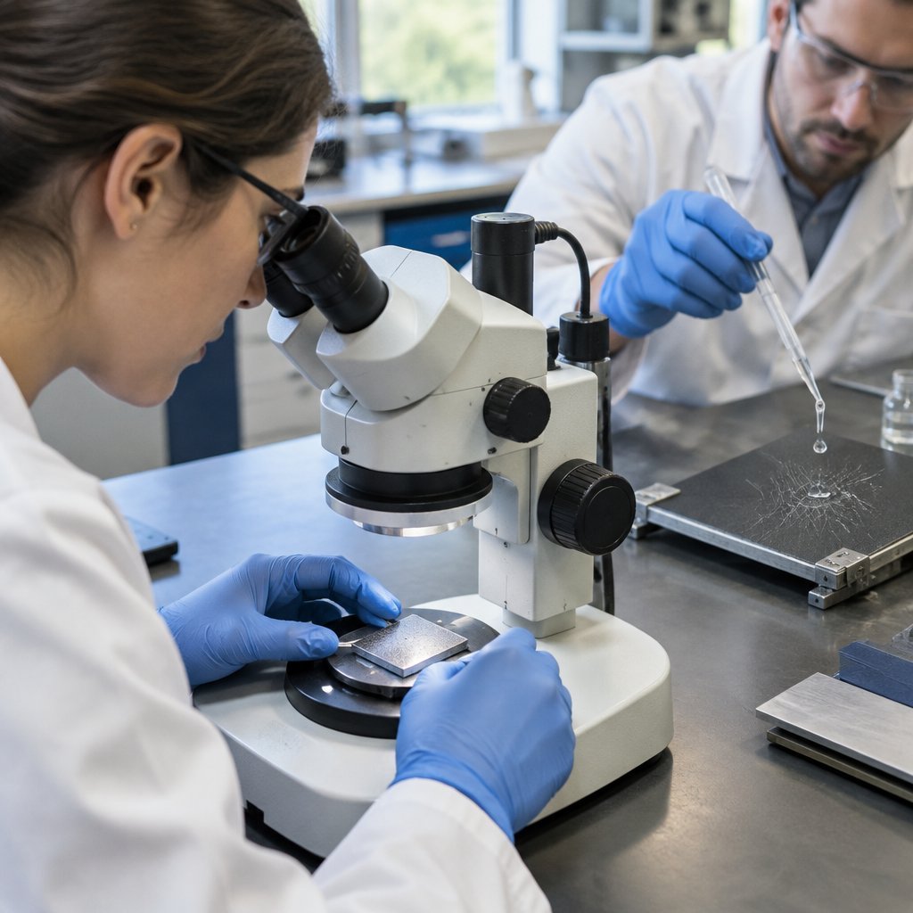 Scientist examining a self-healing coating sample under a microscope