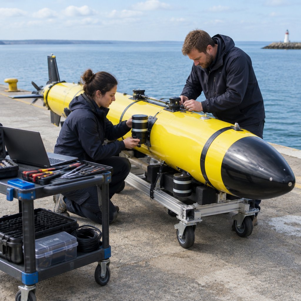 Engineers testing navigation sensors on an AUV