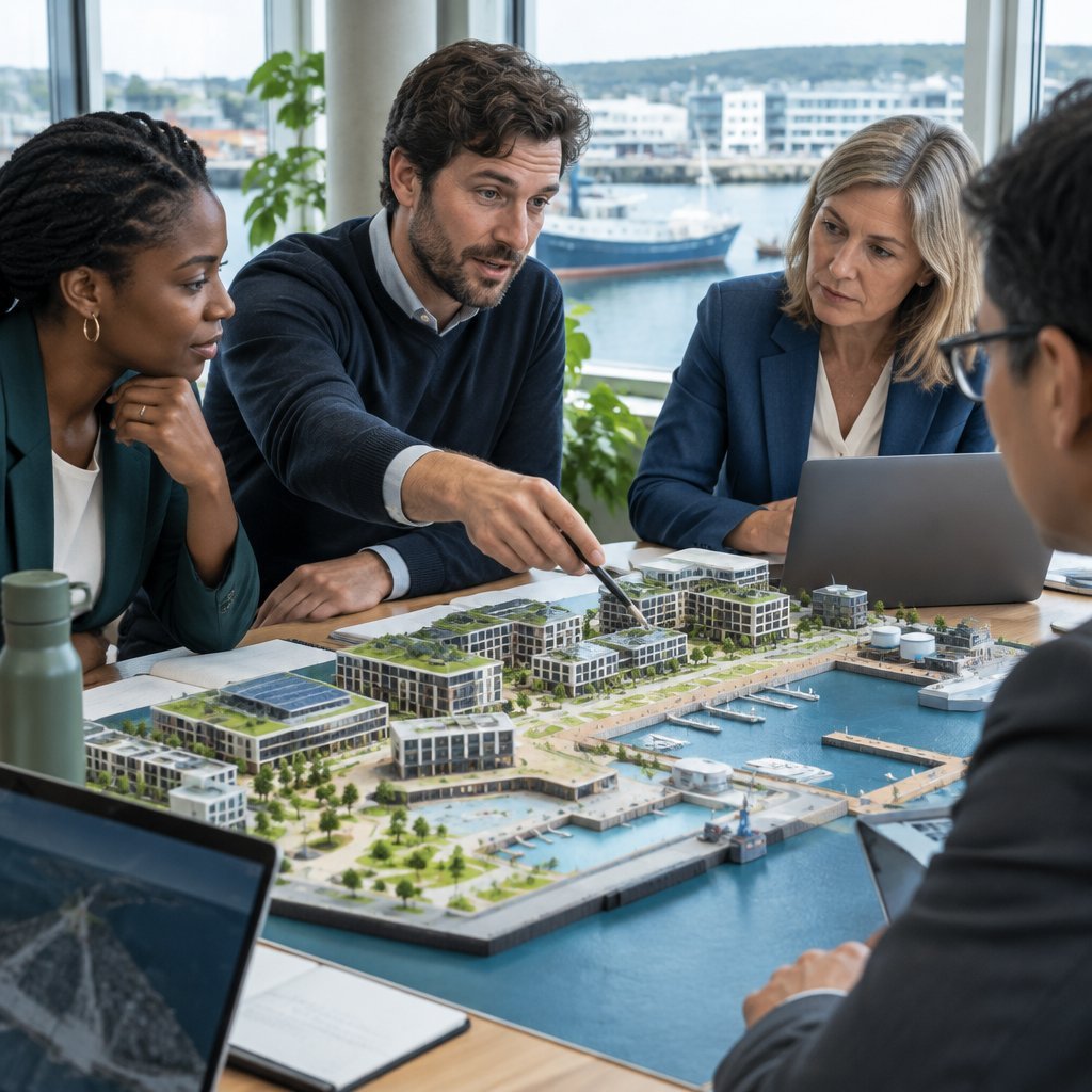 Team discussing a blue economy project in a harbourside office