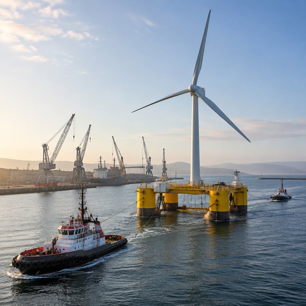 Tugs towing a floating wind platform out of harbour