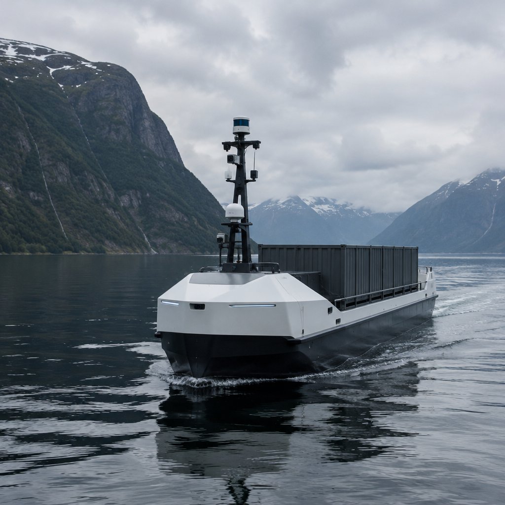 Autonomous electric cargo vessel with sensor mast in a fjord