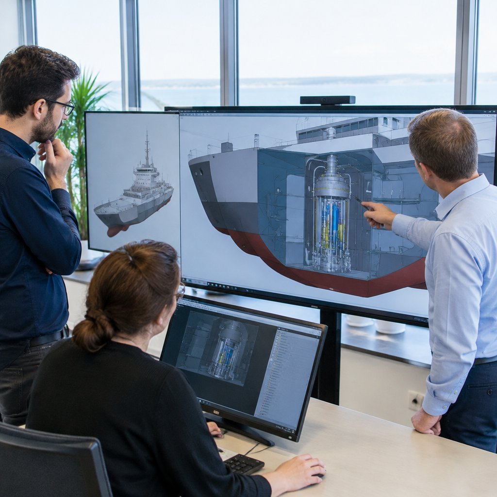 Engineers reviewing a small modular reactor design for a ship